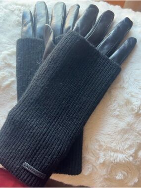 All Saints | Black Knit Cuff Leather Gloves Women’s